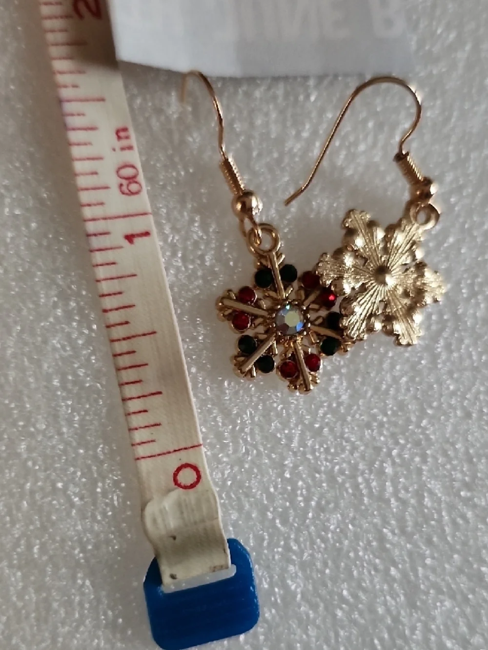 Hand Crafted Gold Snowflake Earrings with Red and Green Crystals